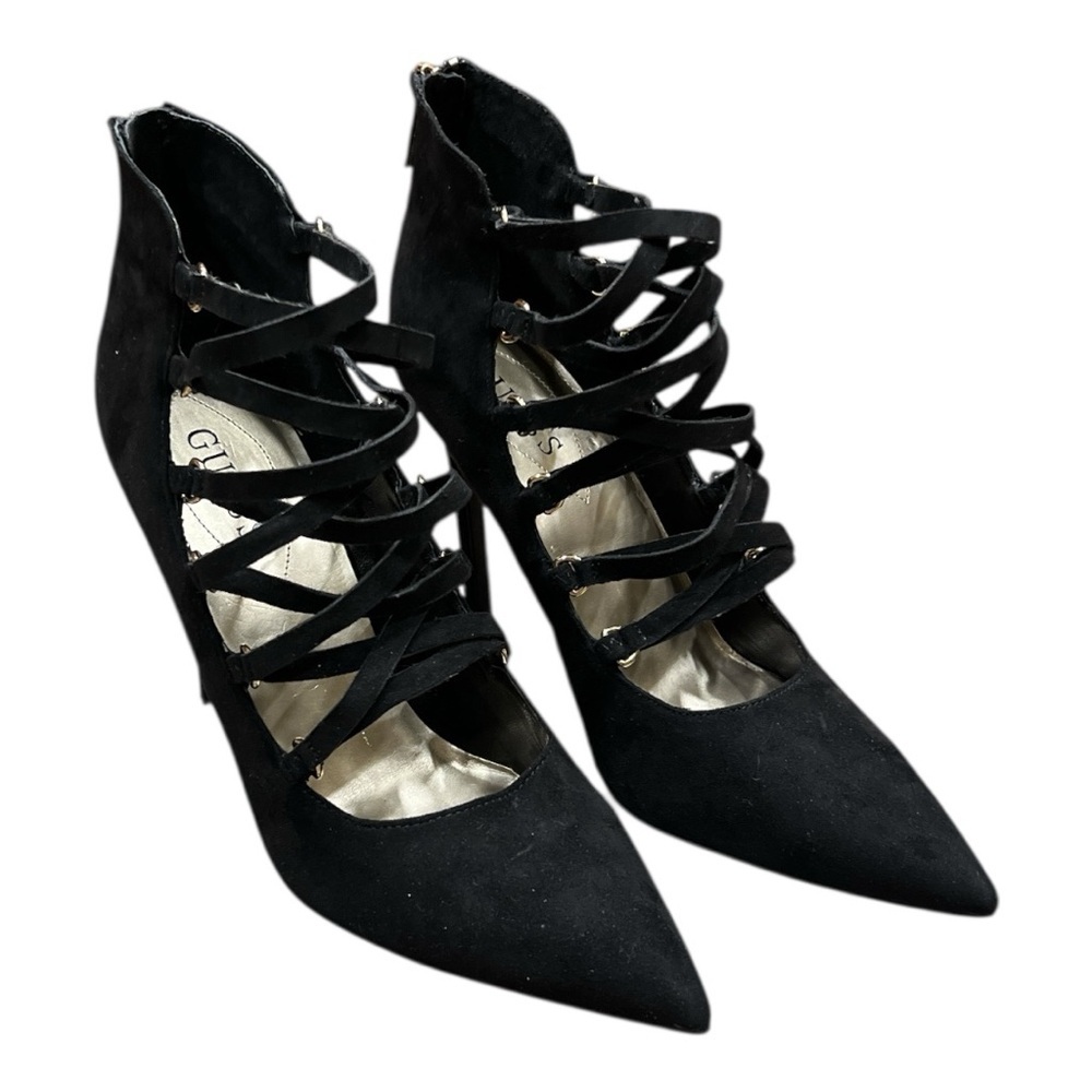Guess Suede Black Strapped Pointed Toes Heels SZ 10M
